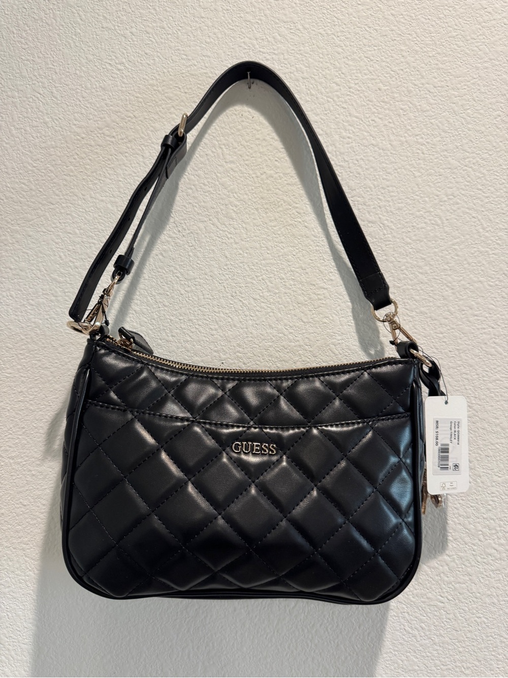 GUESS Black Quilted Shoulder Bag with Gold Hardware
